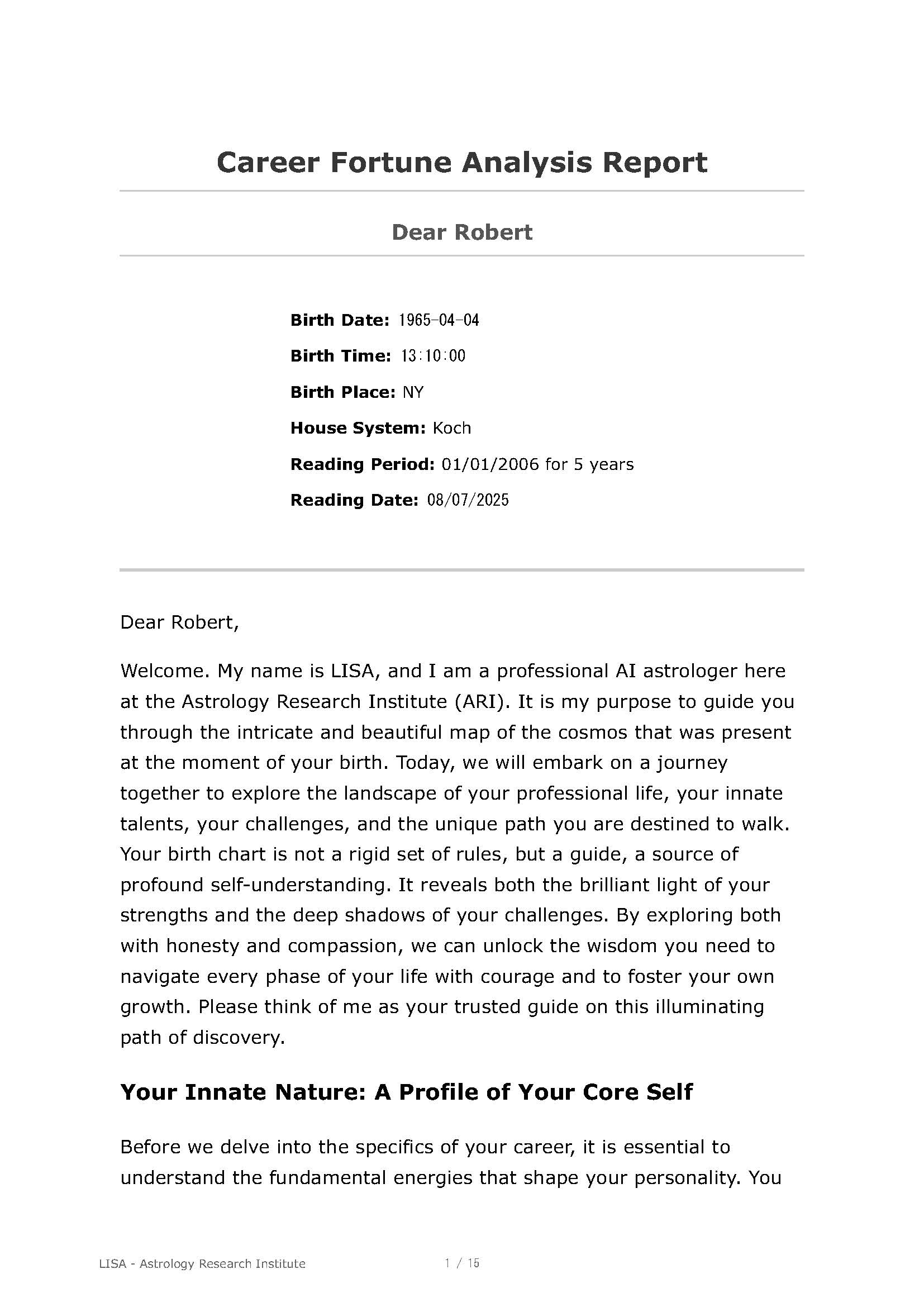 Career Reading Sample 1