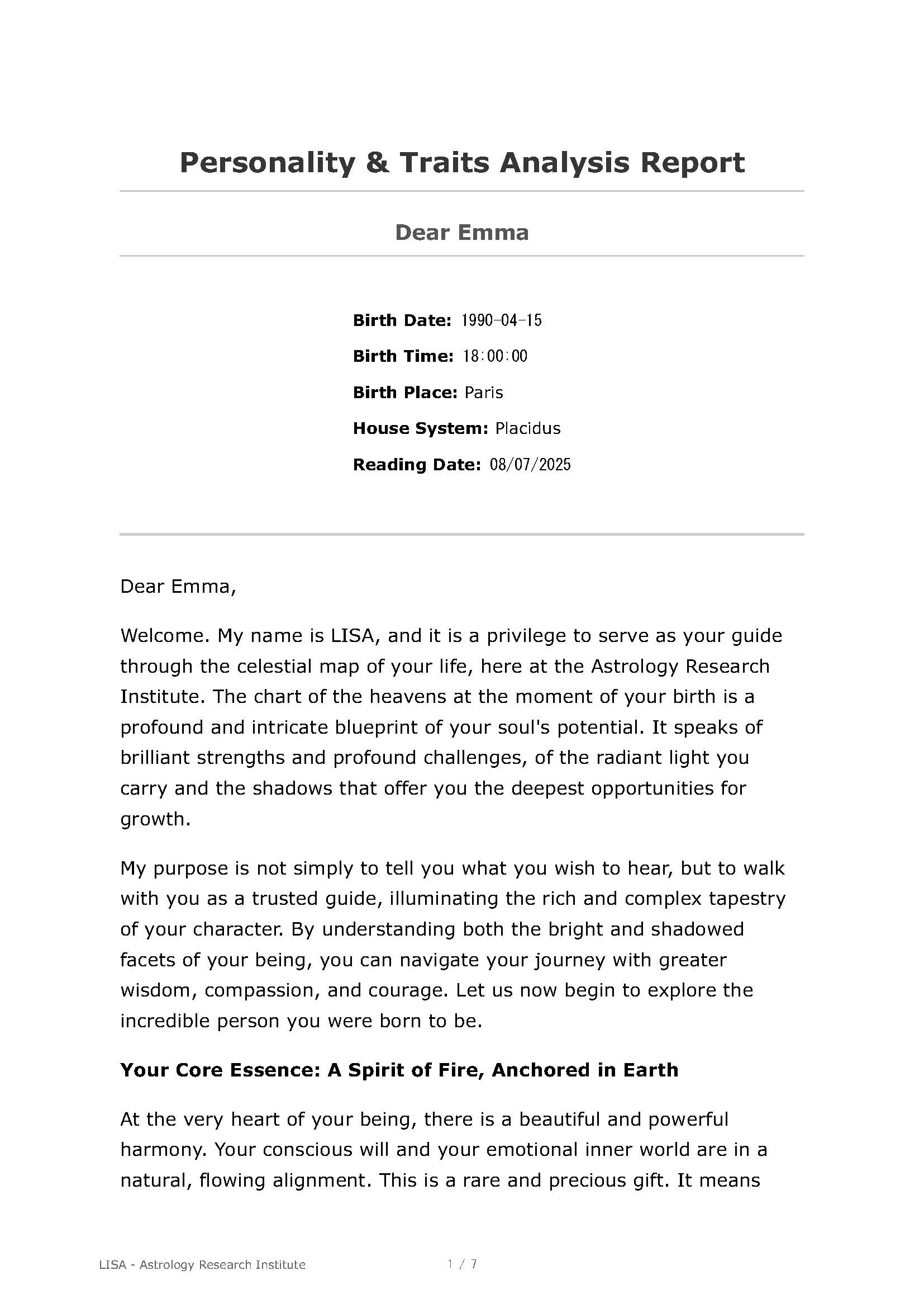 Personality Reading Sample 1